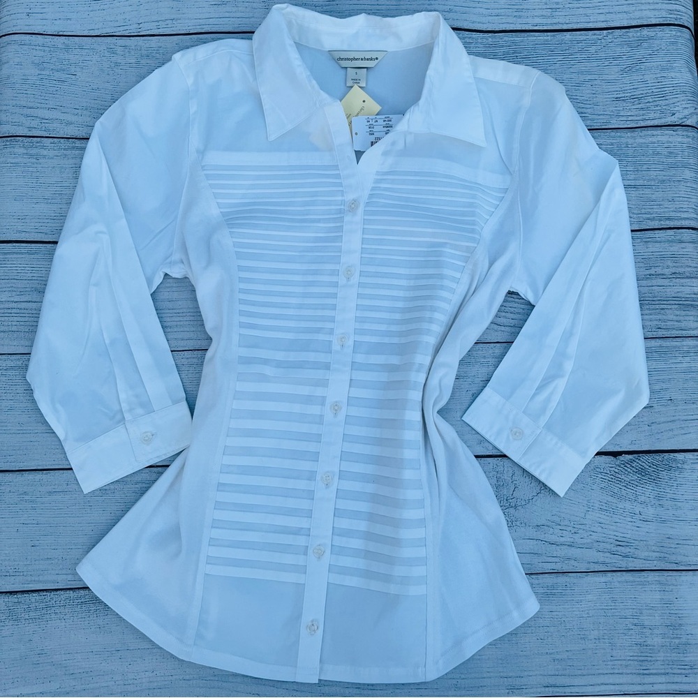 NWT Christopher & Banks White Fitted 3/4 Sleeve Button Down Shirt
